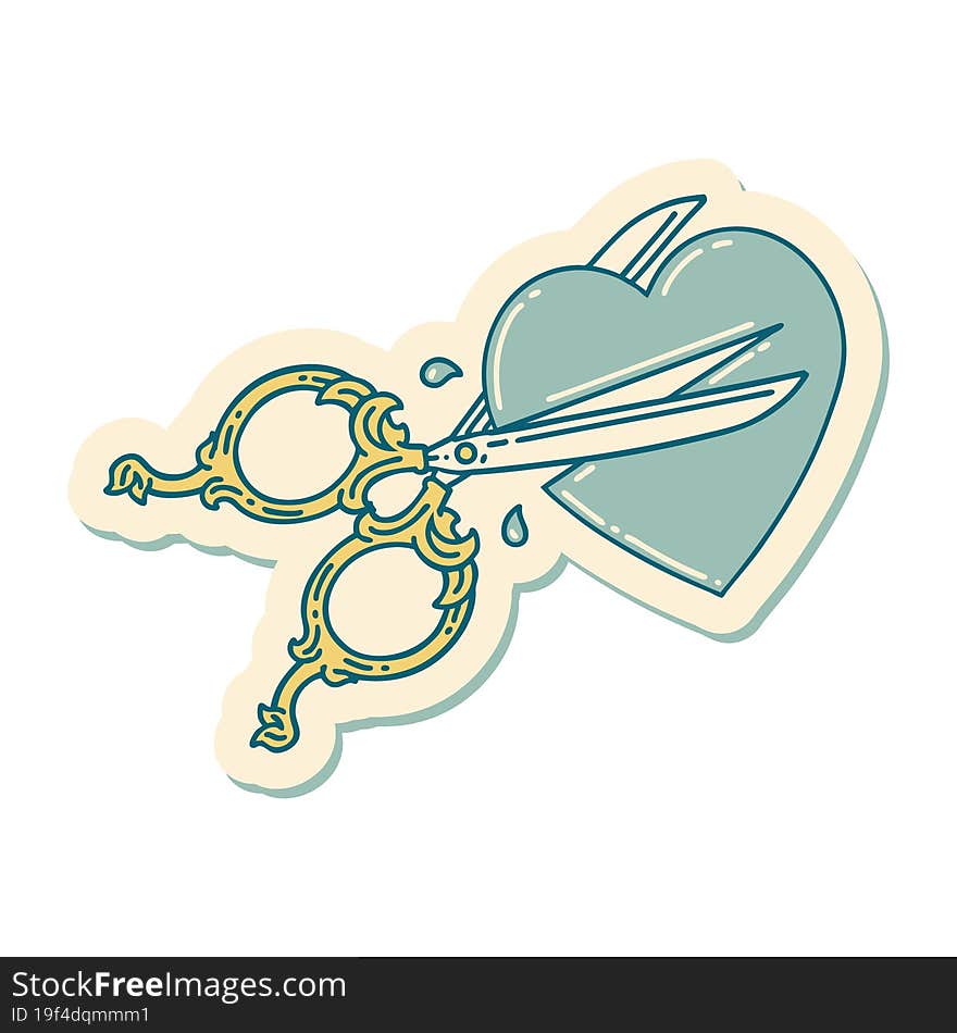 sticker of tattoo in traditional style of scissors cutting a heart. sticker of tattoo in traditional style of scissors cutting a heart