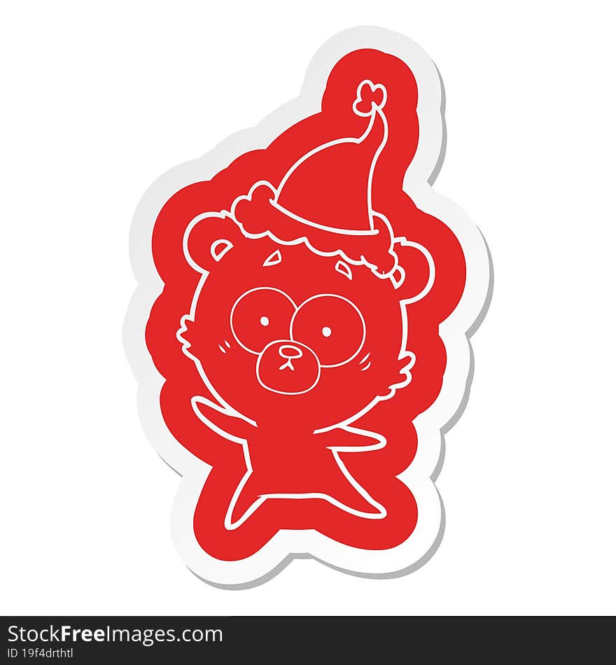 anxious bear cartoon  sticker of a wearing santa hat