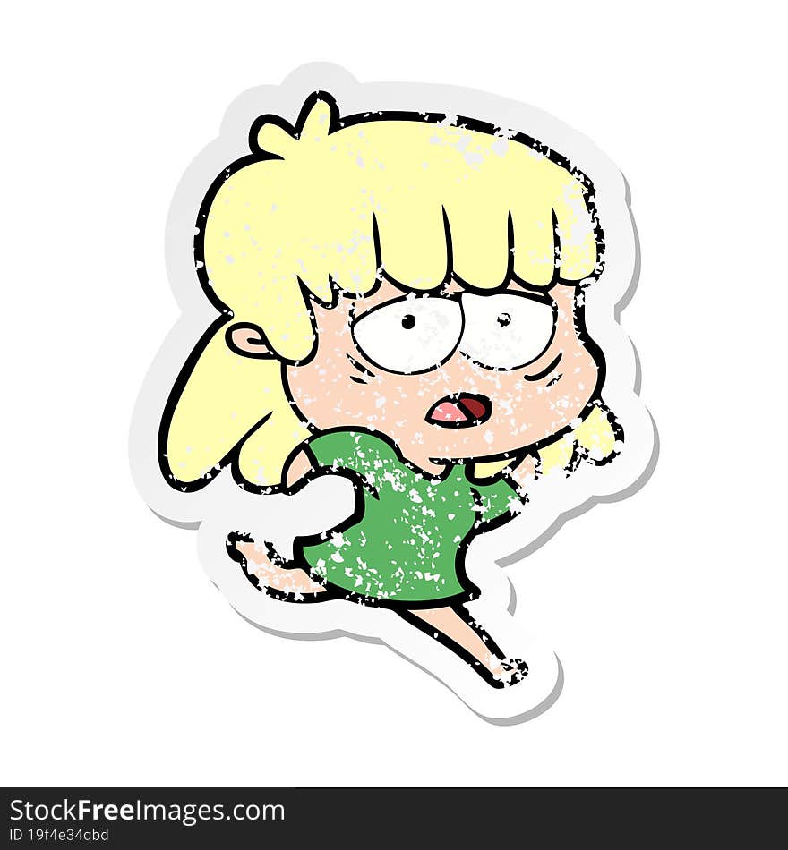 distressed sticker of a cartoon tired woman