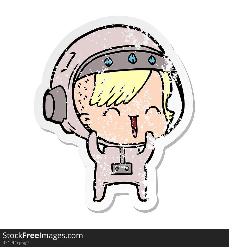 distressed sticker of a cartoon laughing astronaut girl