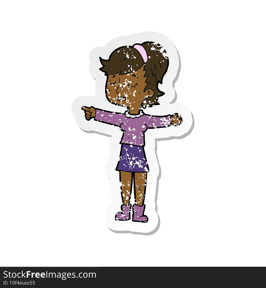 retro distressed sticker of a cartoon happy woman pointing