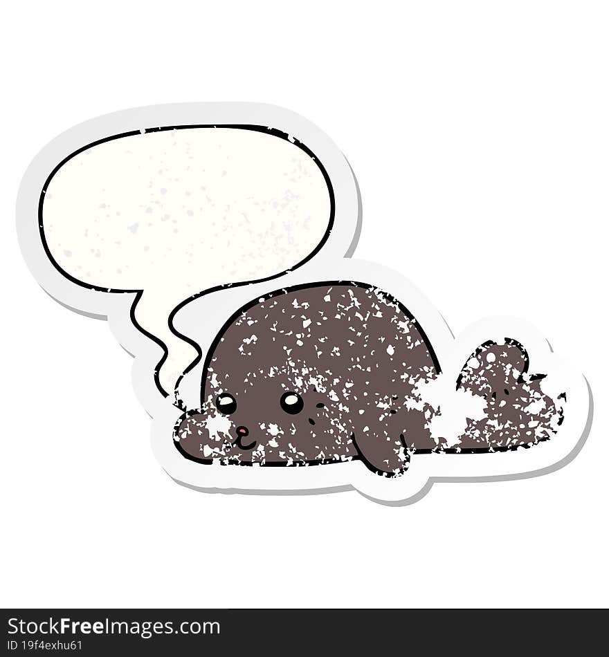 cartoon baby seal and speech bubble distressed sticker