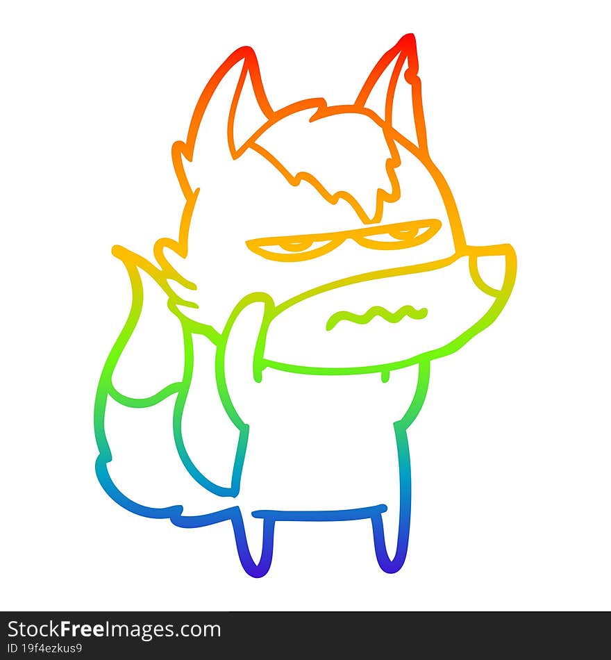 Rainbow Gradient Line Drawing Cartoon Annoyed Wolf