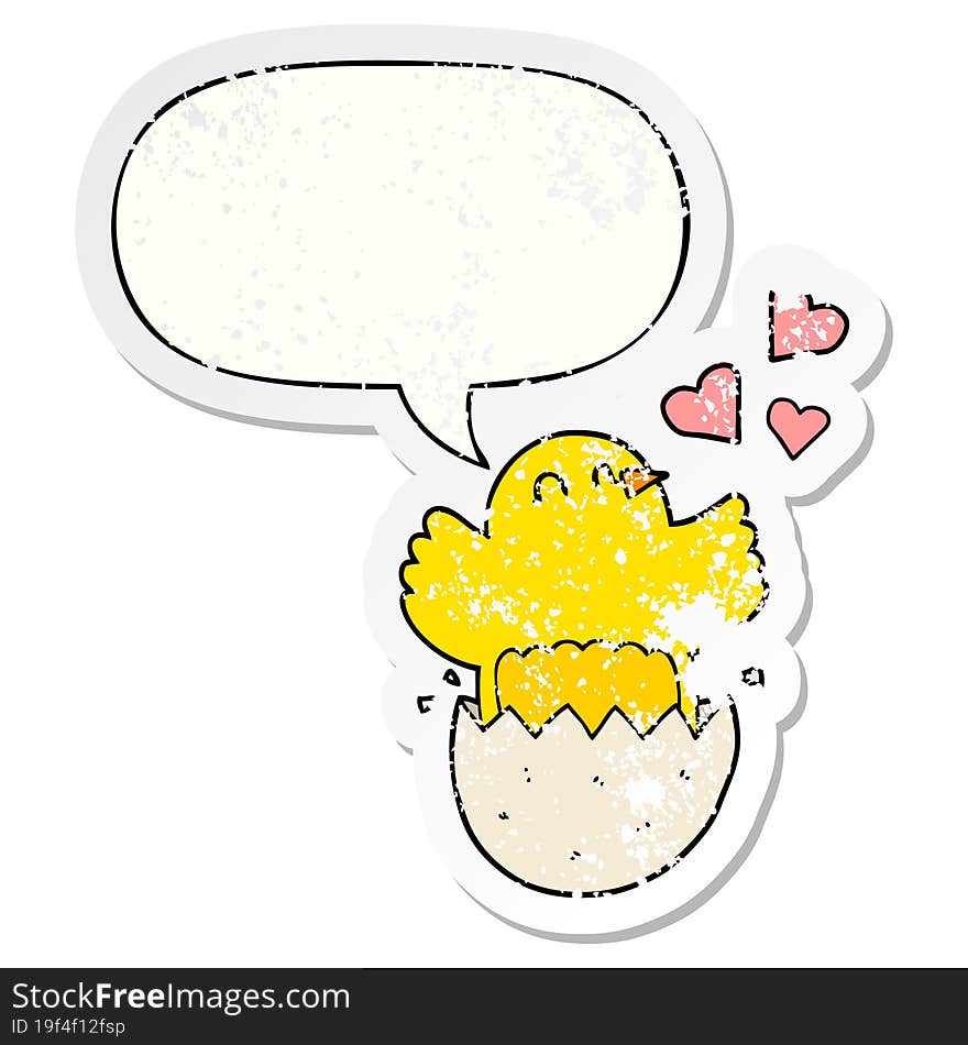 cute hatching chick cartoon and speech bubble distressed sticker