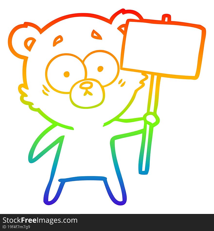 rainbow gradient line drawing nervous polar bear cartoon with protest sign