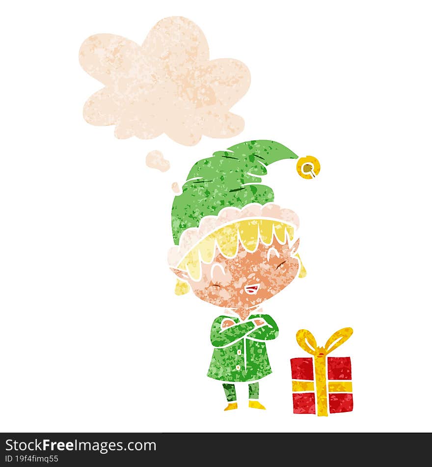 cartoon happy christmas elf and thought bubble in retro textured style