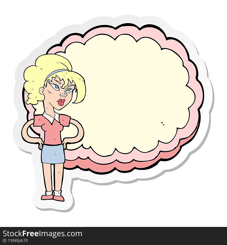 sticker of a cartoon woman in front of cloud