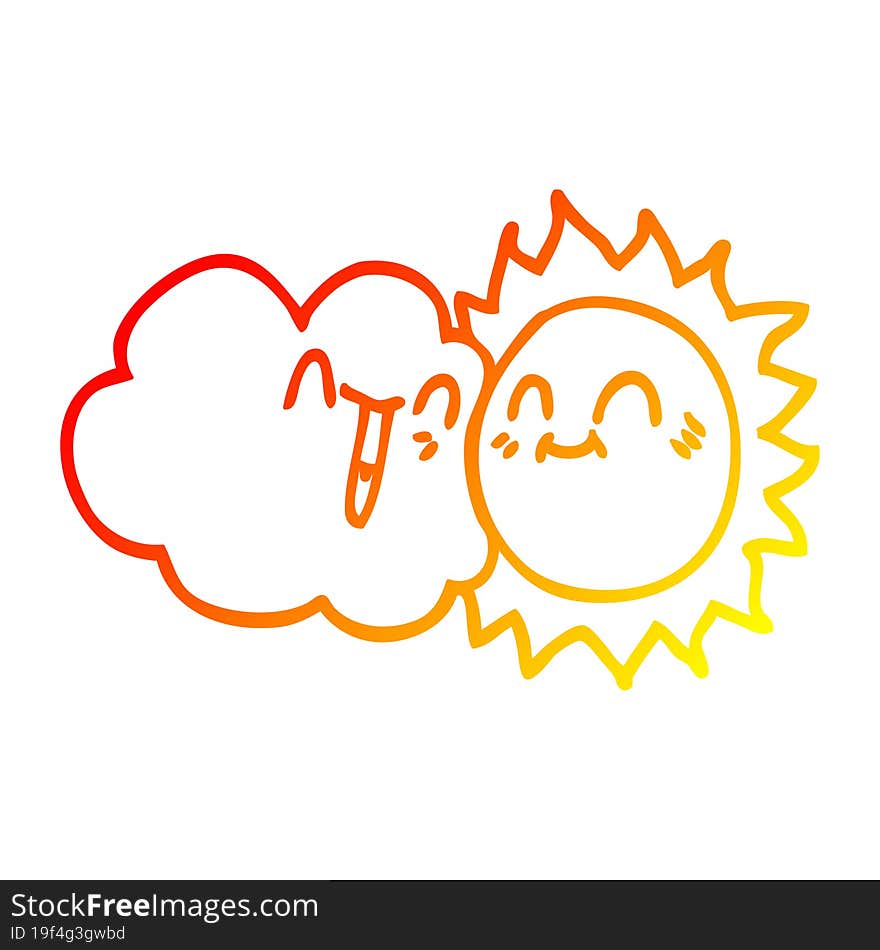 warm gradient line drawing of a cartoon happy sun and cloud