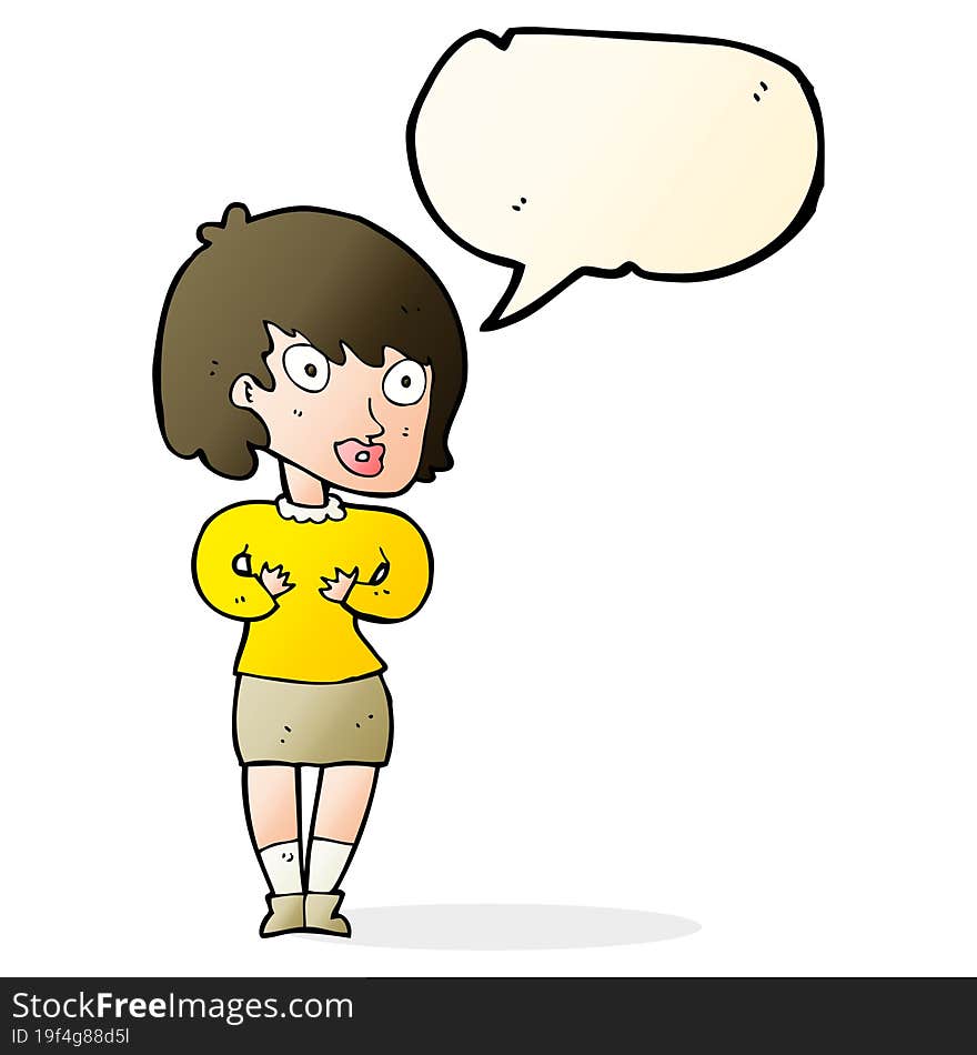 cartoon woman making Who Me gesture with speech bubble