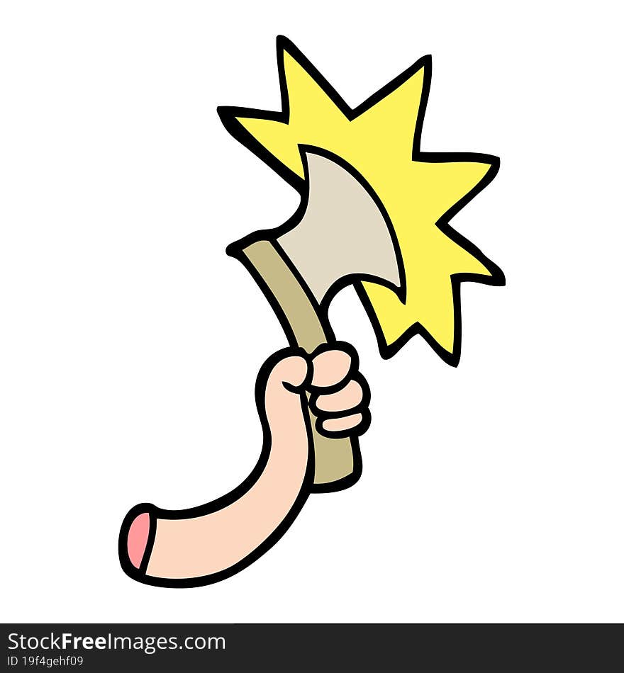 hand drawn doodle style cartoon arm with axe