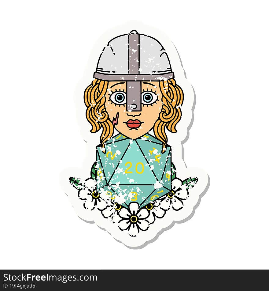 grunge sticker of a human fighter with natural 20 D20 dice roll. grunge sticker of a human fighter with natural 20 D20 dice roll