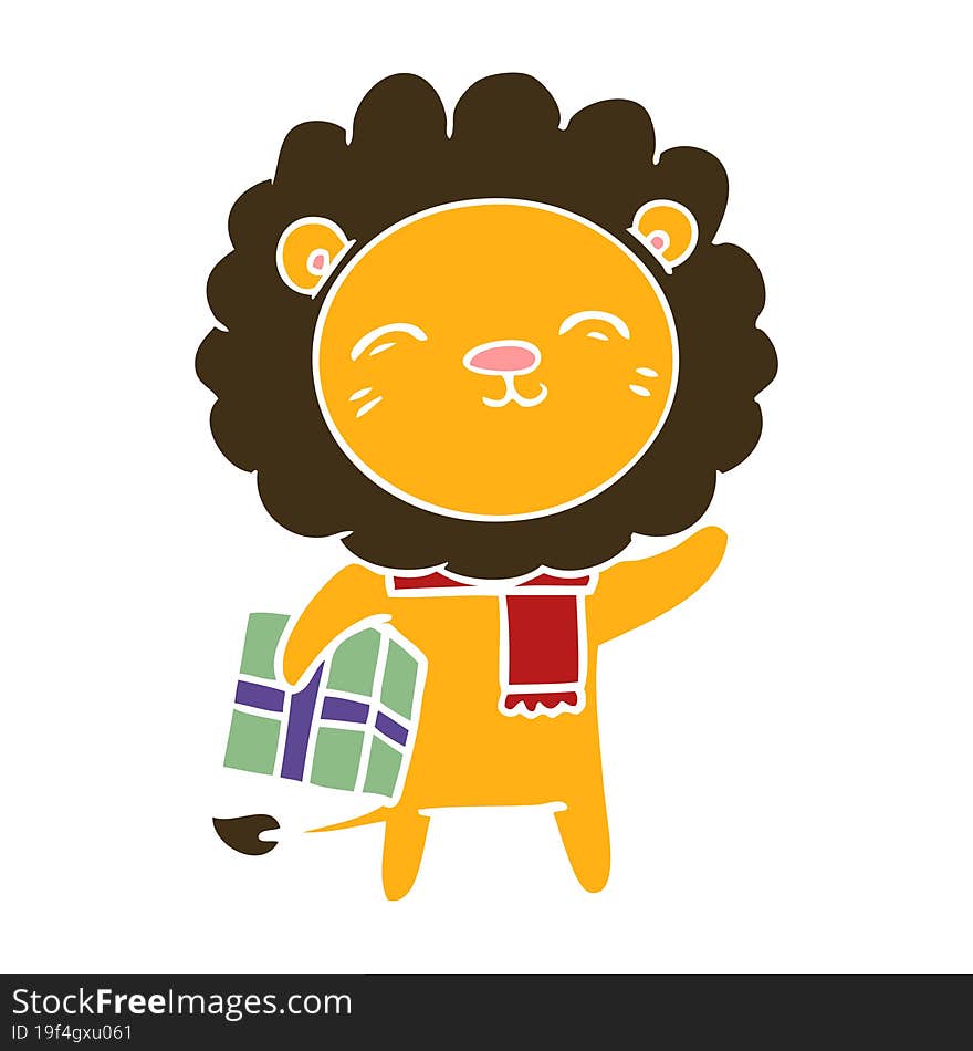 flat color style cartoon lion with christmas present