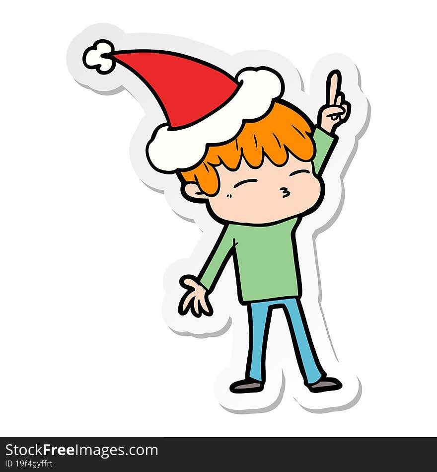 sticker cartoon of a curious boy wearing santa hat