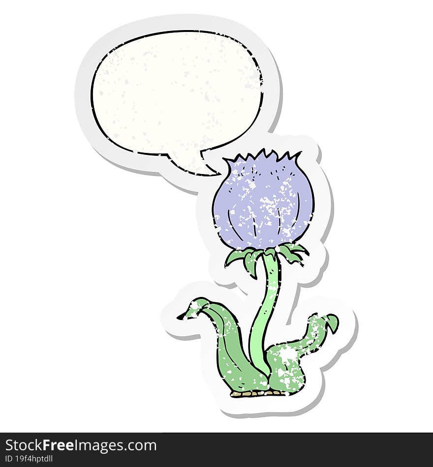 cartoon wild flower and speech bubble distressed sticker