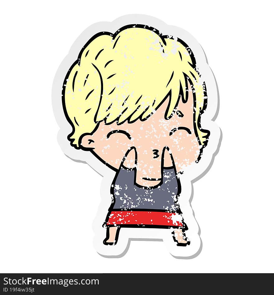 distressed sticker of a cartoon woman thinking