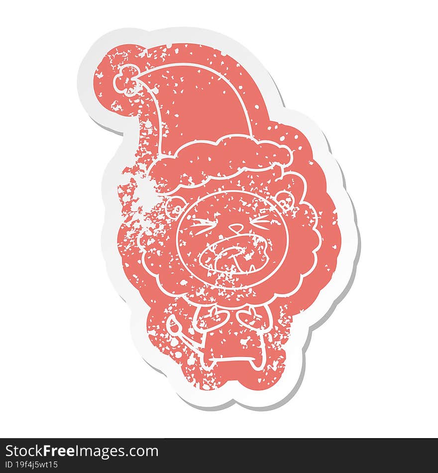 quirky cartoon distressed sticker of a lion wearing santa hat