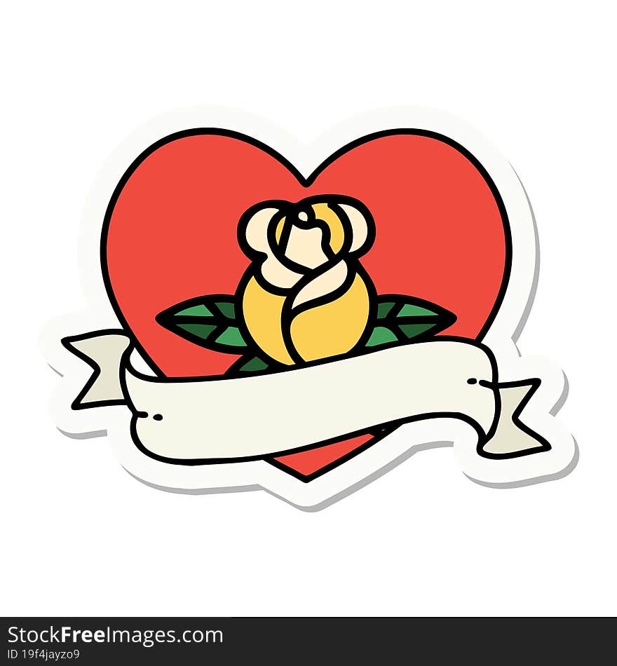 sticker of tattoo in traditional style of a heart rose and banner. sticker of tattoo in traditional style of a heart rose and banner