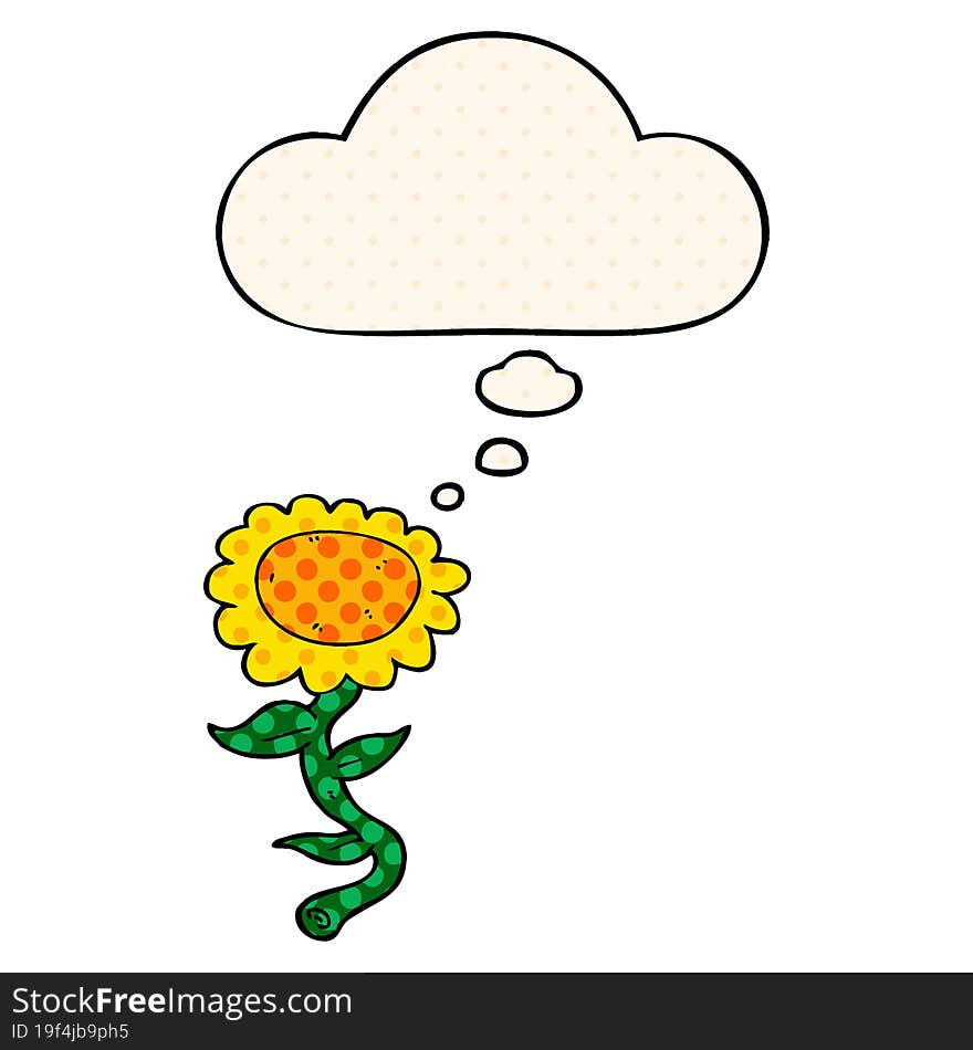 cartoon sunflower with thought bubble in comic book style