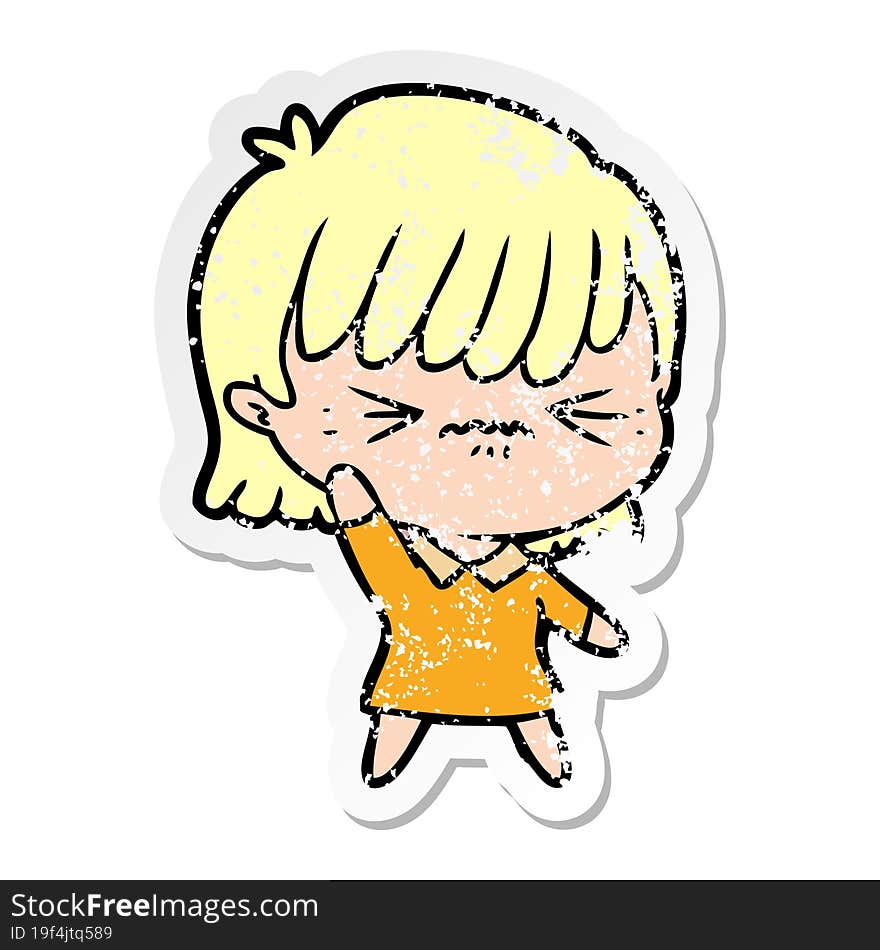 distressed sticker of a annoyed cartoon girl