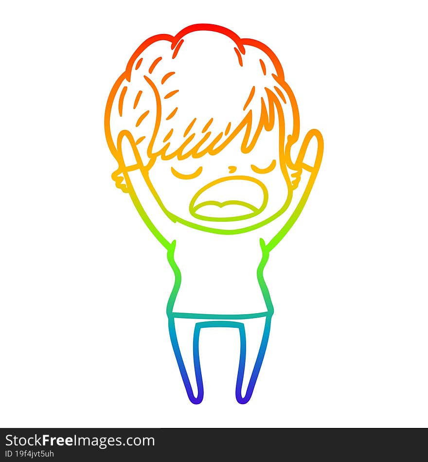 rainbow gradient line drawing of a cartoon woman talking