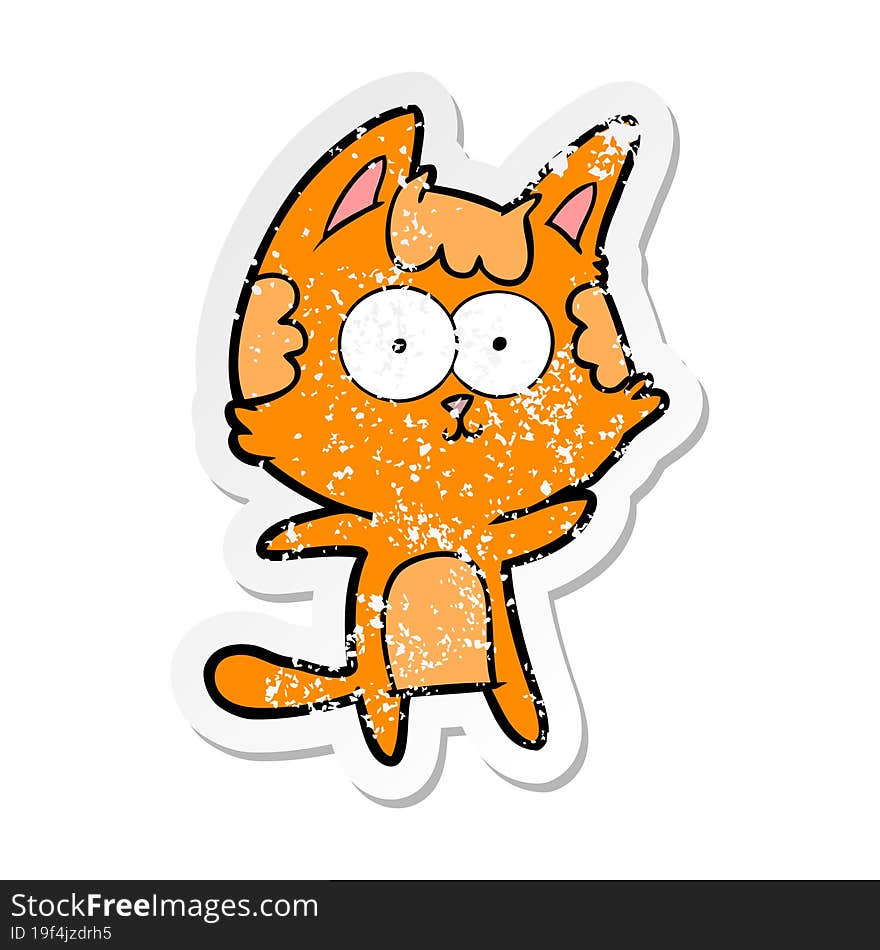 distressed sticker of a happy cartoon cat