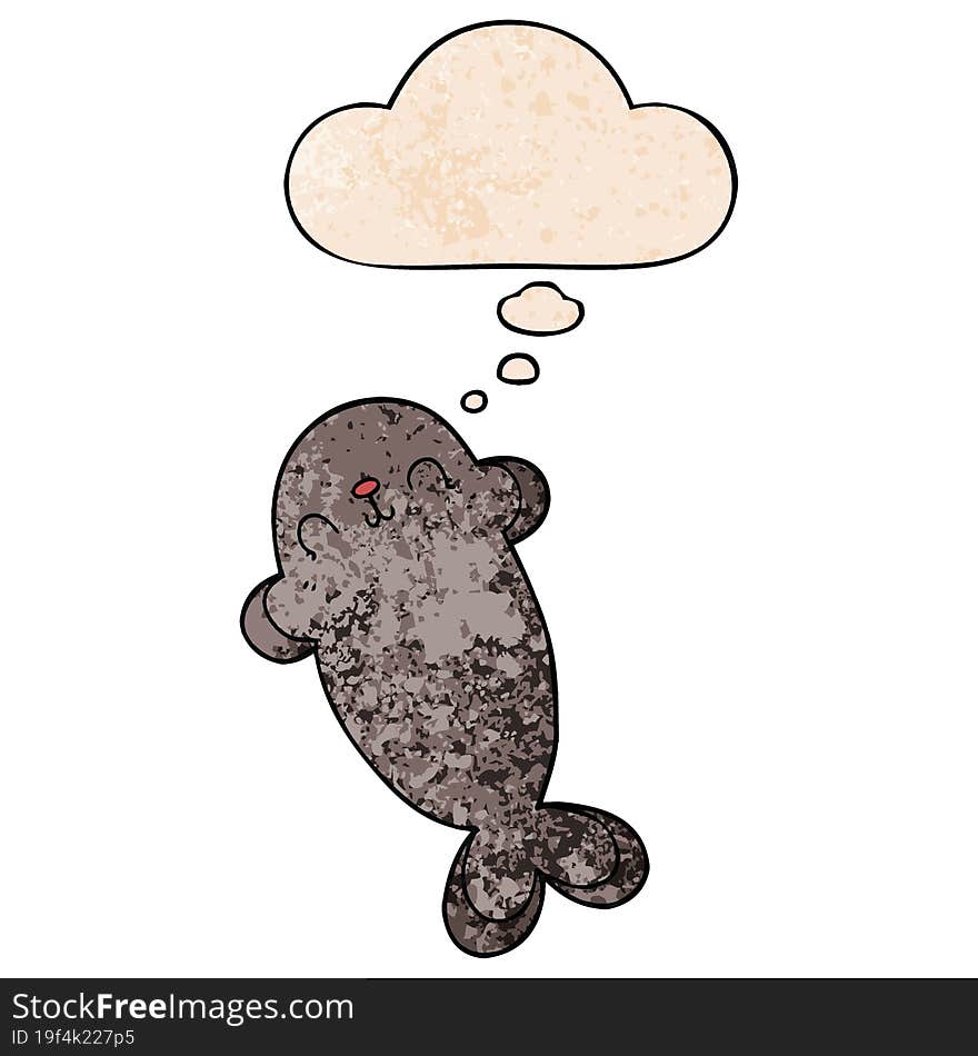 cartoon seal and thought bubble in grunge texture pattern style