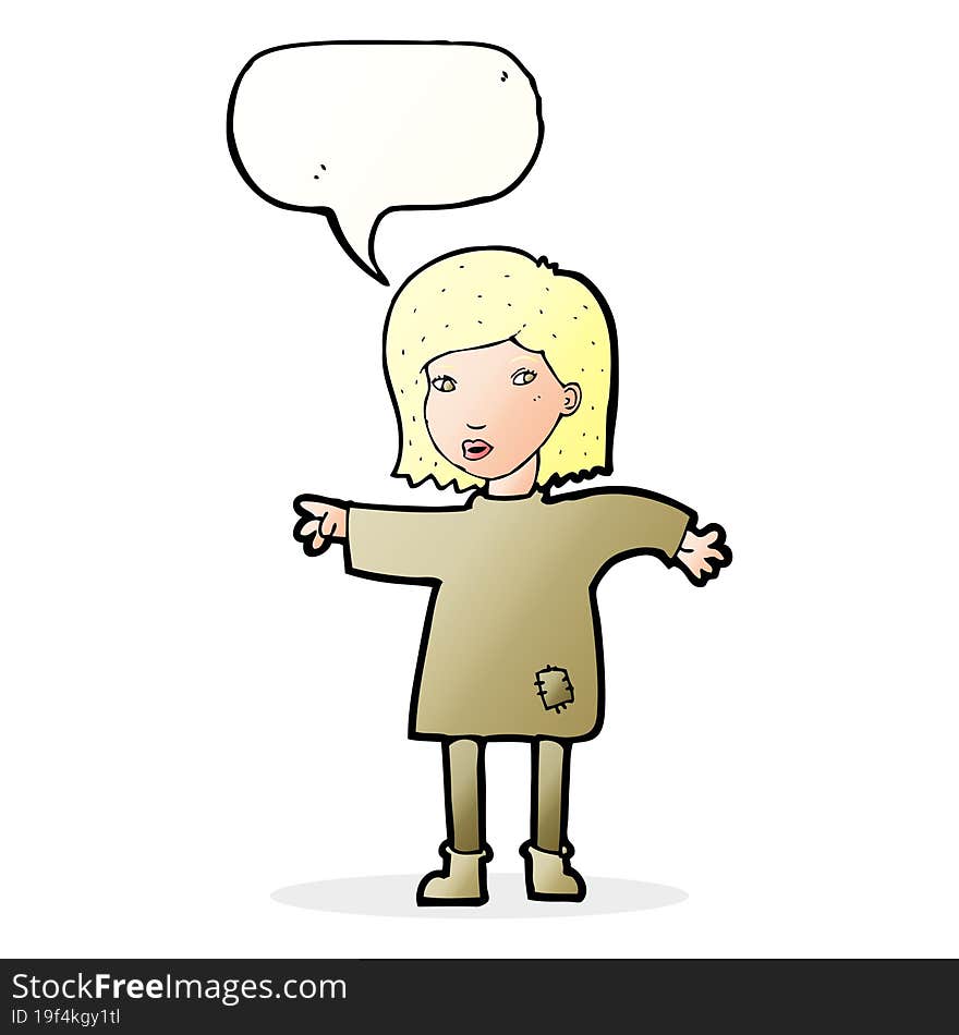 cartoon woman in patched clothing with speech bubble