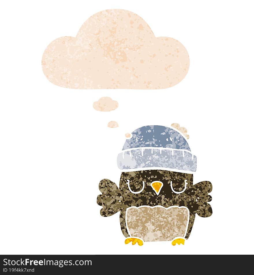 cute cartoon owl in hat and thought bubble in retro textured style