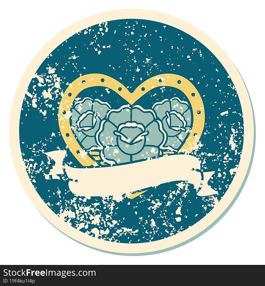 iconic distressed sticker tattoo style image of a heart and banner with flowers. iconic distressed sticker tattoo style image of a heart and banner with flowers