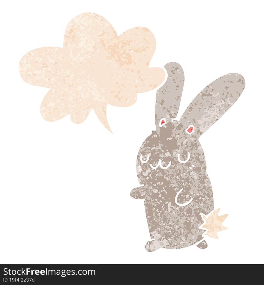 cute cartoon rabbit and speech bubble in retro textured style