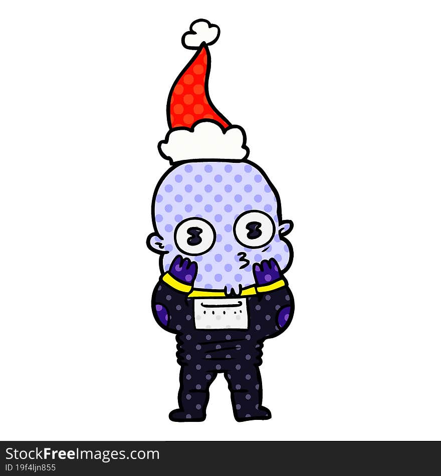 comic book style illustration of a weird bald spaceman wearing santa hat