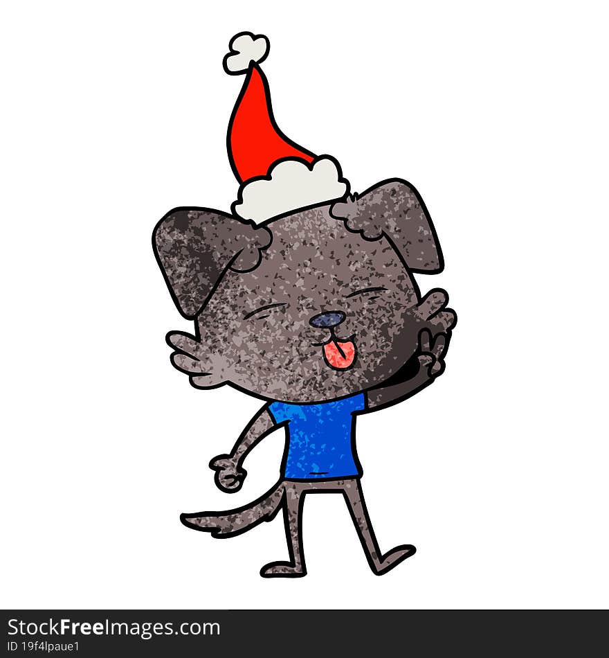 textured cartoon of a dog sticking out tongue wearing santa hat