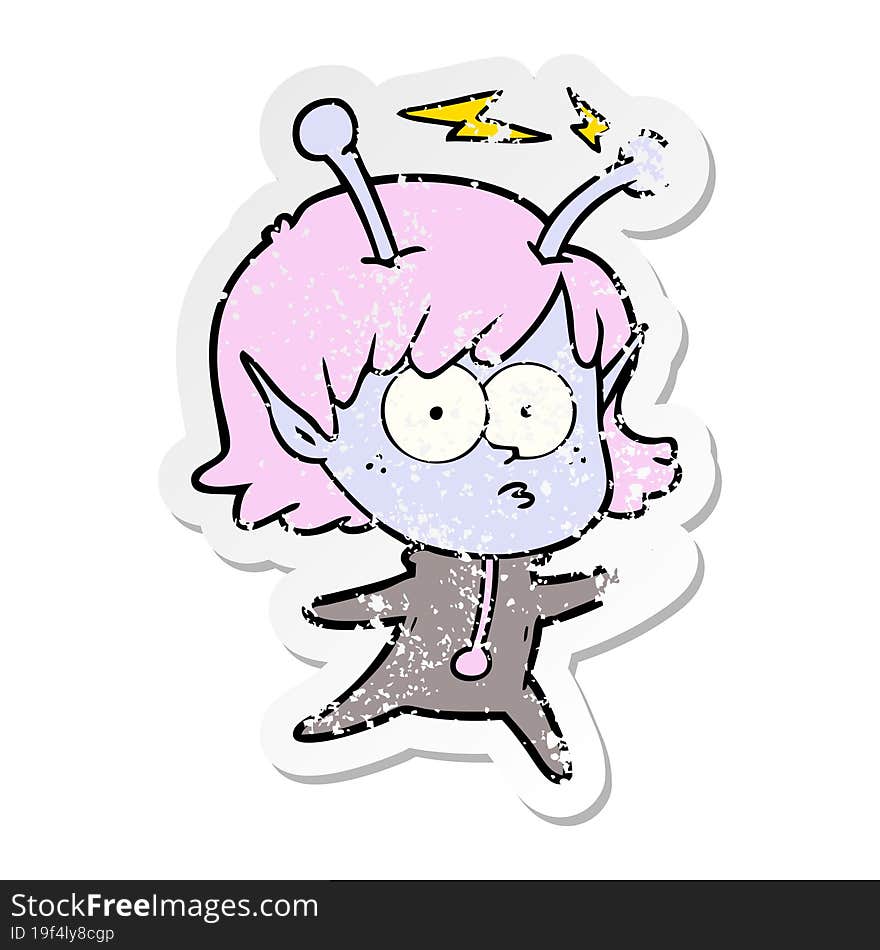 distressed sticker of a cartoon alien girl