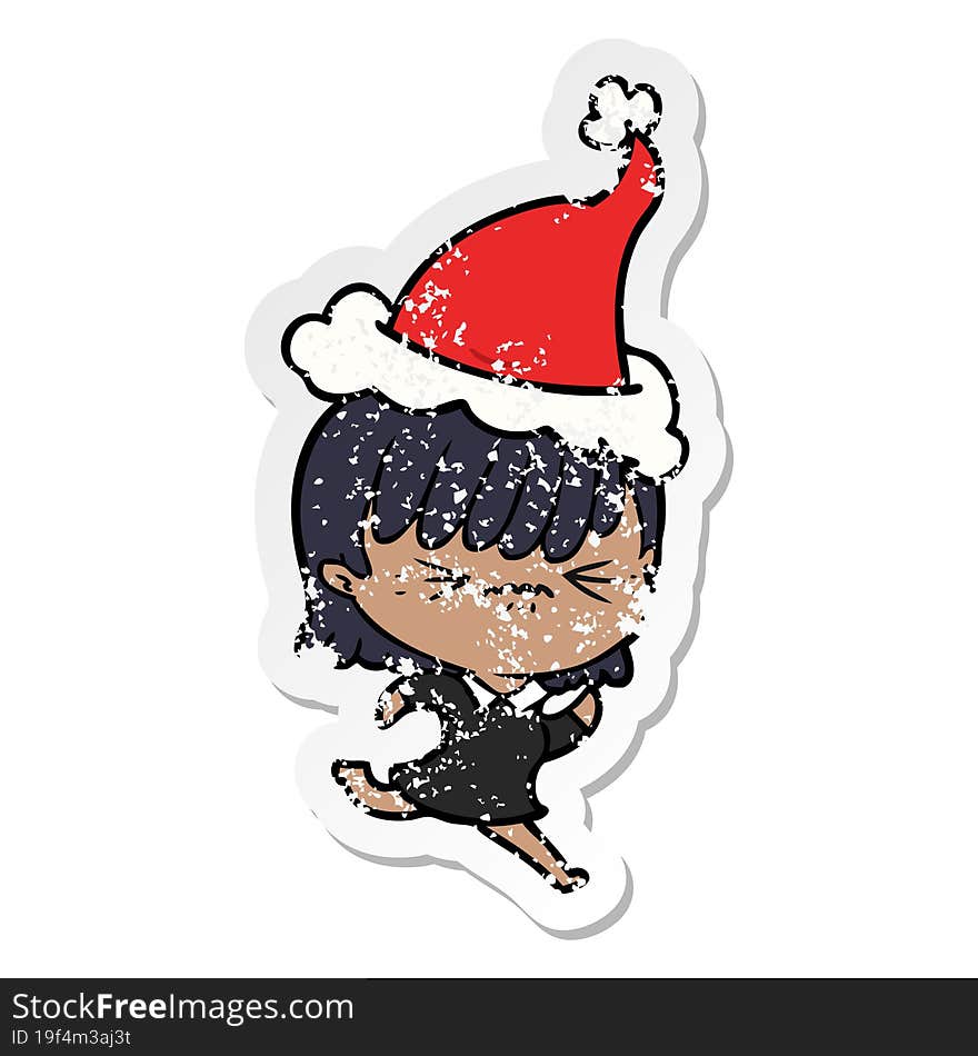 Annoyed Distressed Sticker Cartoon Of A Girl Wearing Santa Hat