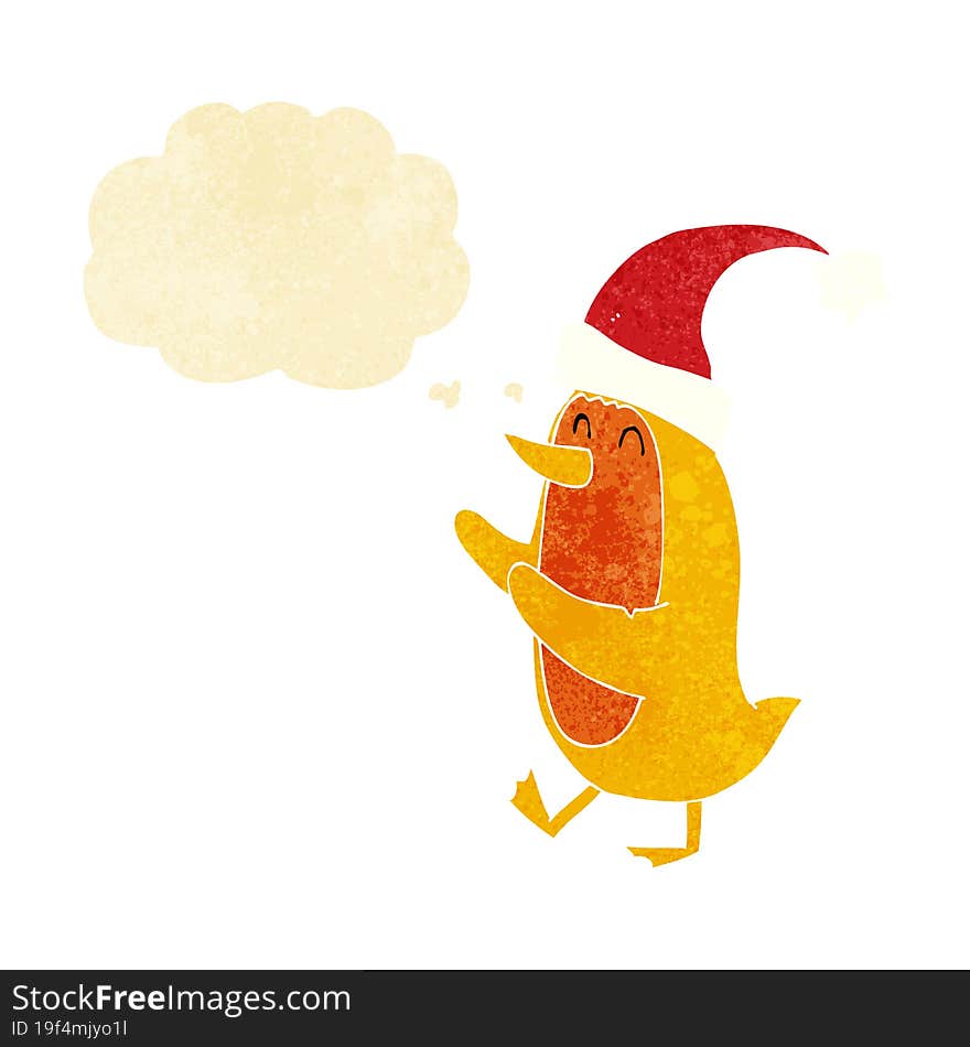 cartoon bird wearing xmas hat with thought bubble