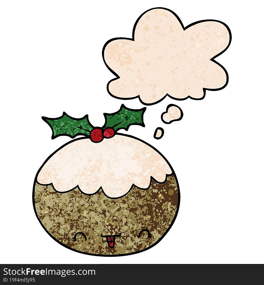 Cute Cartoon Christmas Pudding And Thought Bubble In Grunge Texture Pattern Style