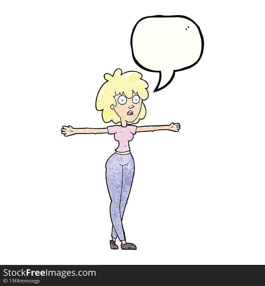 speech bubble textured cartoon woman spreading arms