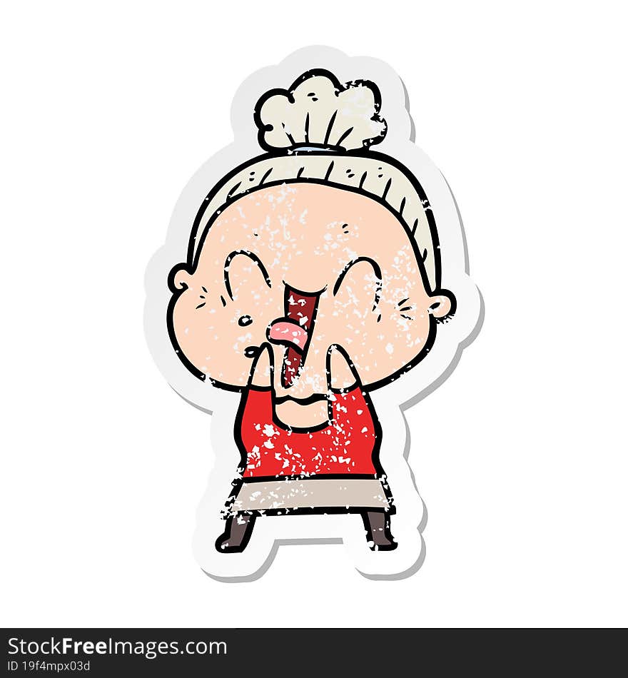 Distressed Sticker Of A Cartoon Happy Old Woman