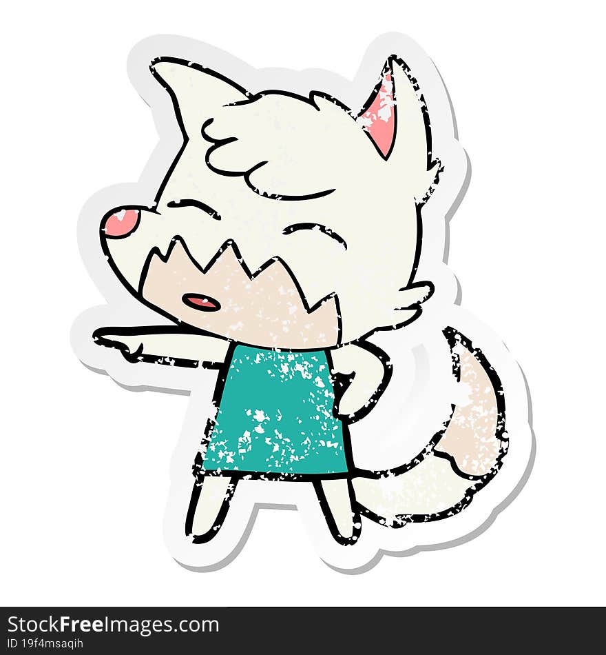 distressed sticker of a cartoon fox in dress pointing