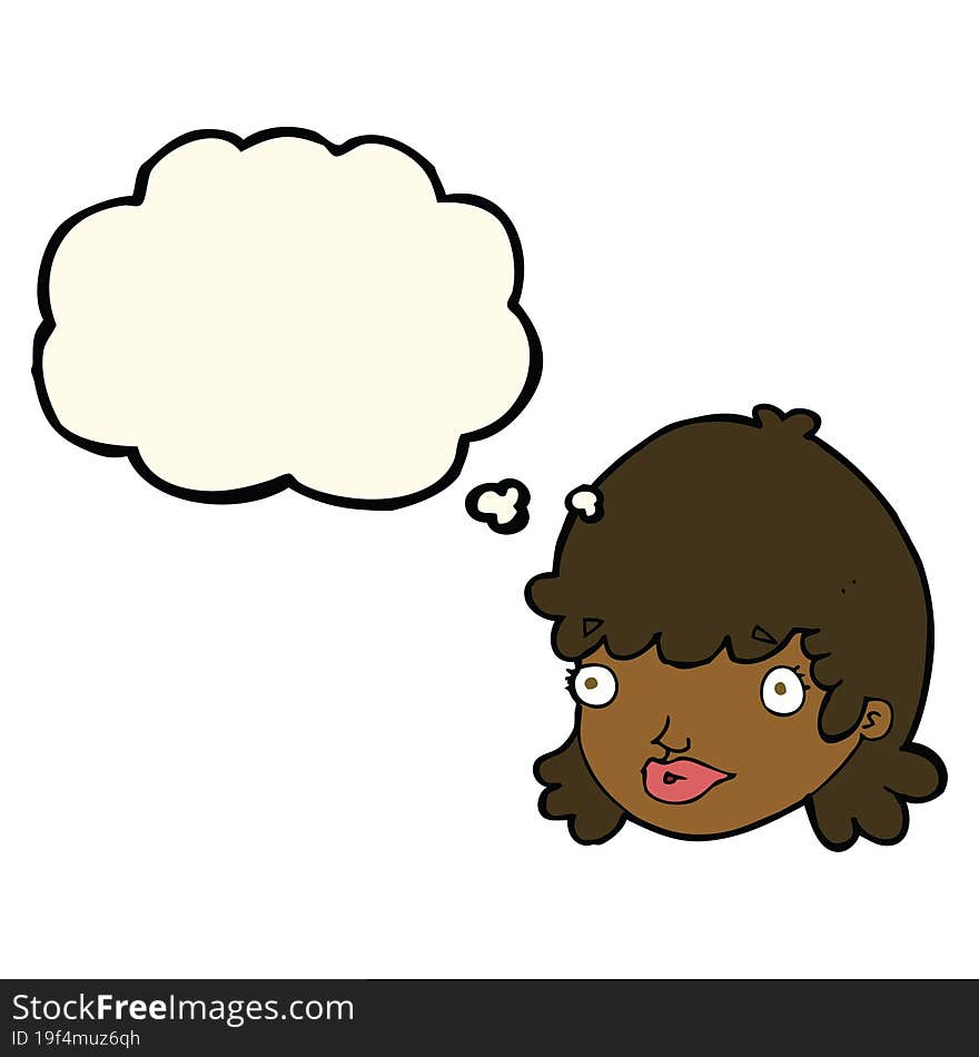 cartoon female face with surprised expression with thought bubble