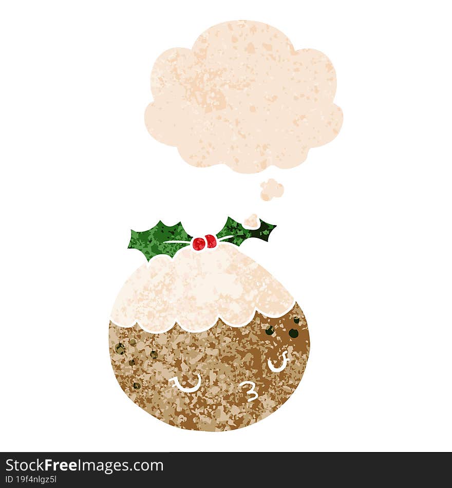 cute cartoon christmas pudding and thought bubble in retro textured style