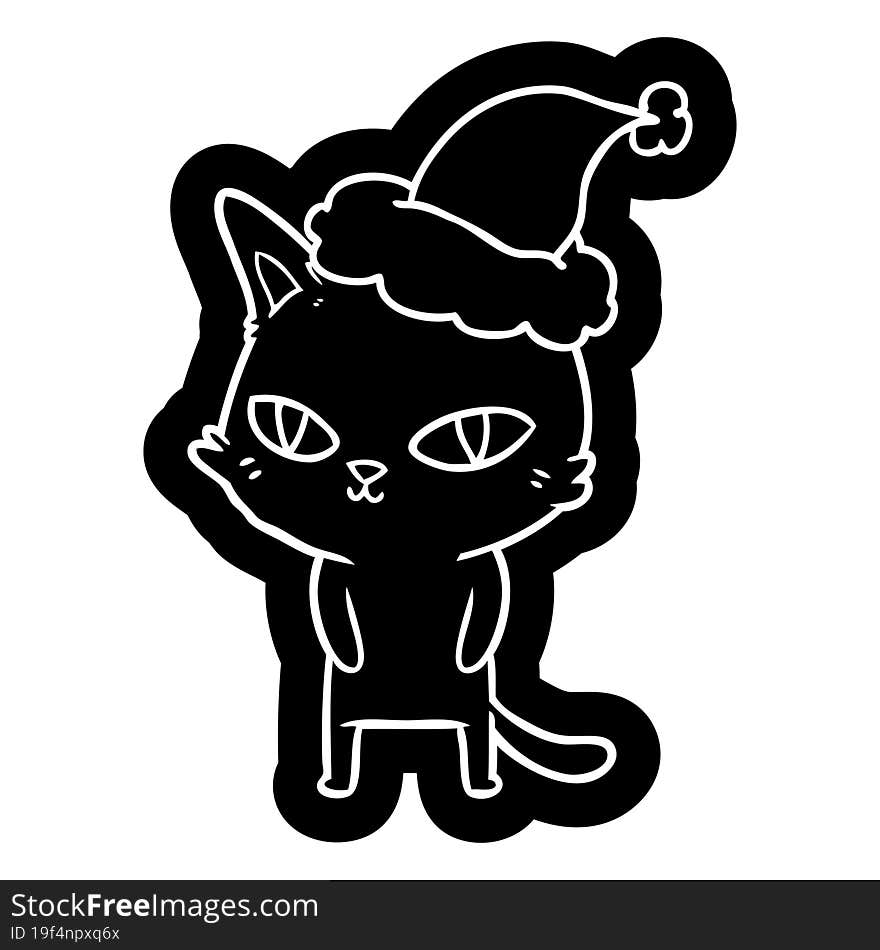 Cartoon Icon Of A Cat With Bright Eyes Wearing Santa Hat