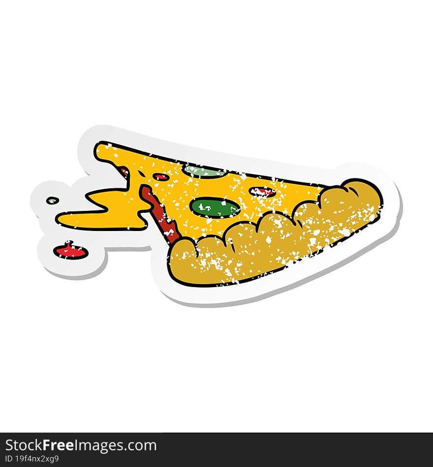 distressed sticker cartoon doodle of a slice of pizza