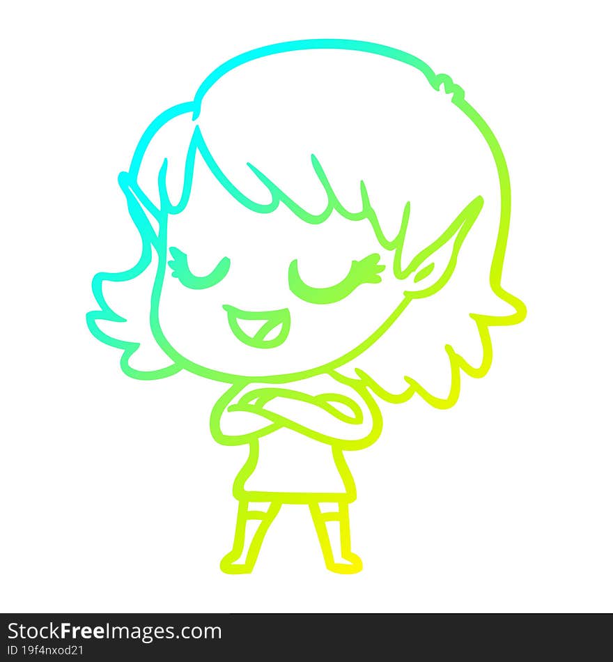 Cold Gradient Line Drawing Happy Cartoon Elf Girl