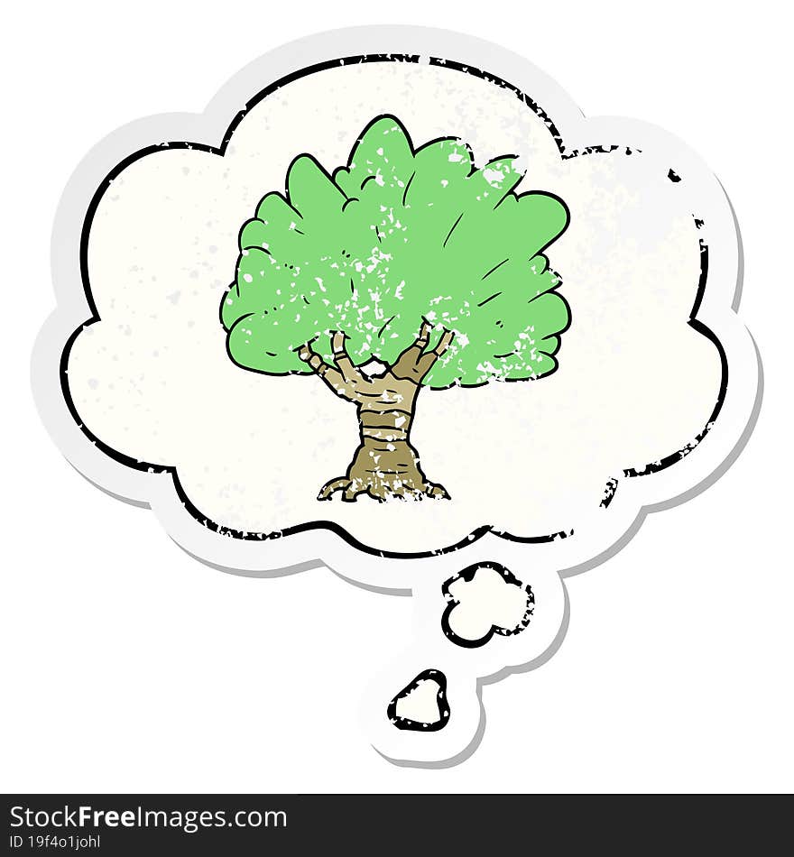 cartoon tree and thought bubble as a distressed worn sticker