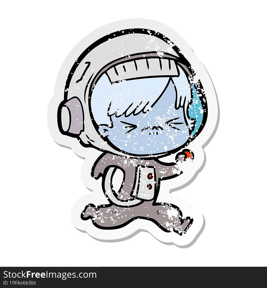 Distressed Sticker Of A Angry Cartoon Space Girl Running