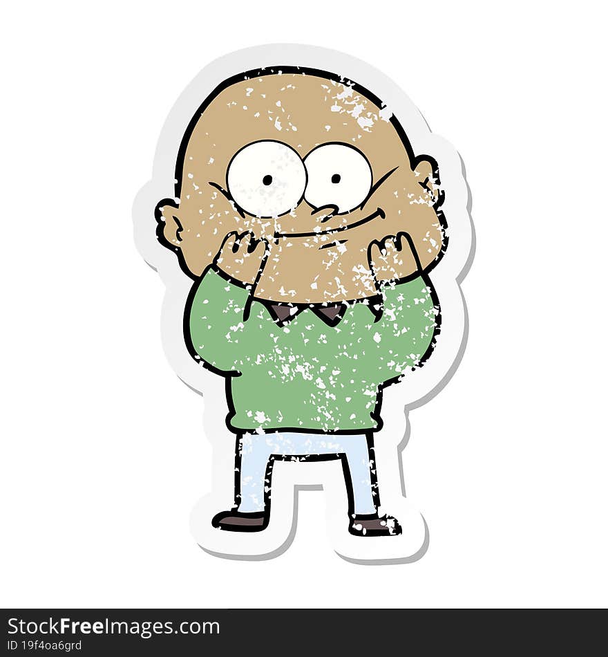 distressed sticker of a cartoon bald man staring