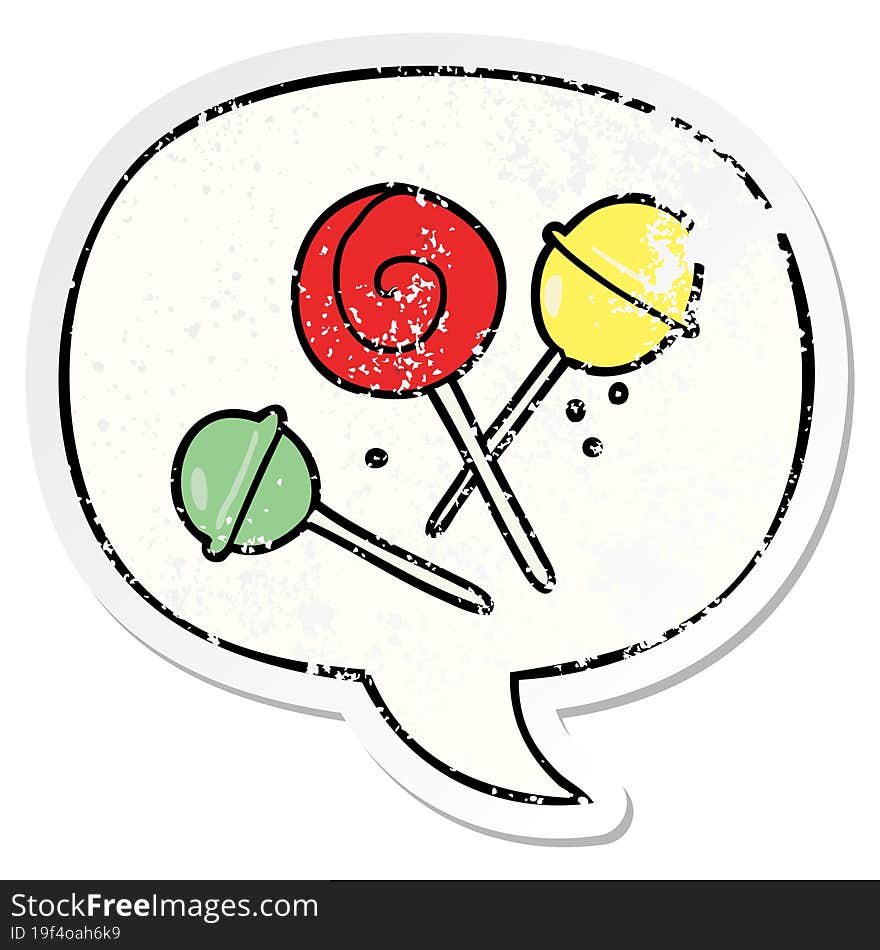 cartoon traditional lollipop and speech bubble distressed sticker