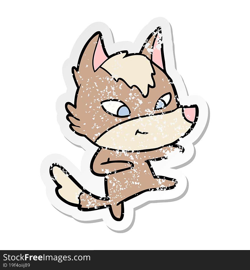 Distressed Sticker Of A Friendly Cartoon Wolf Dancing