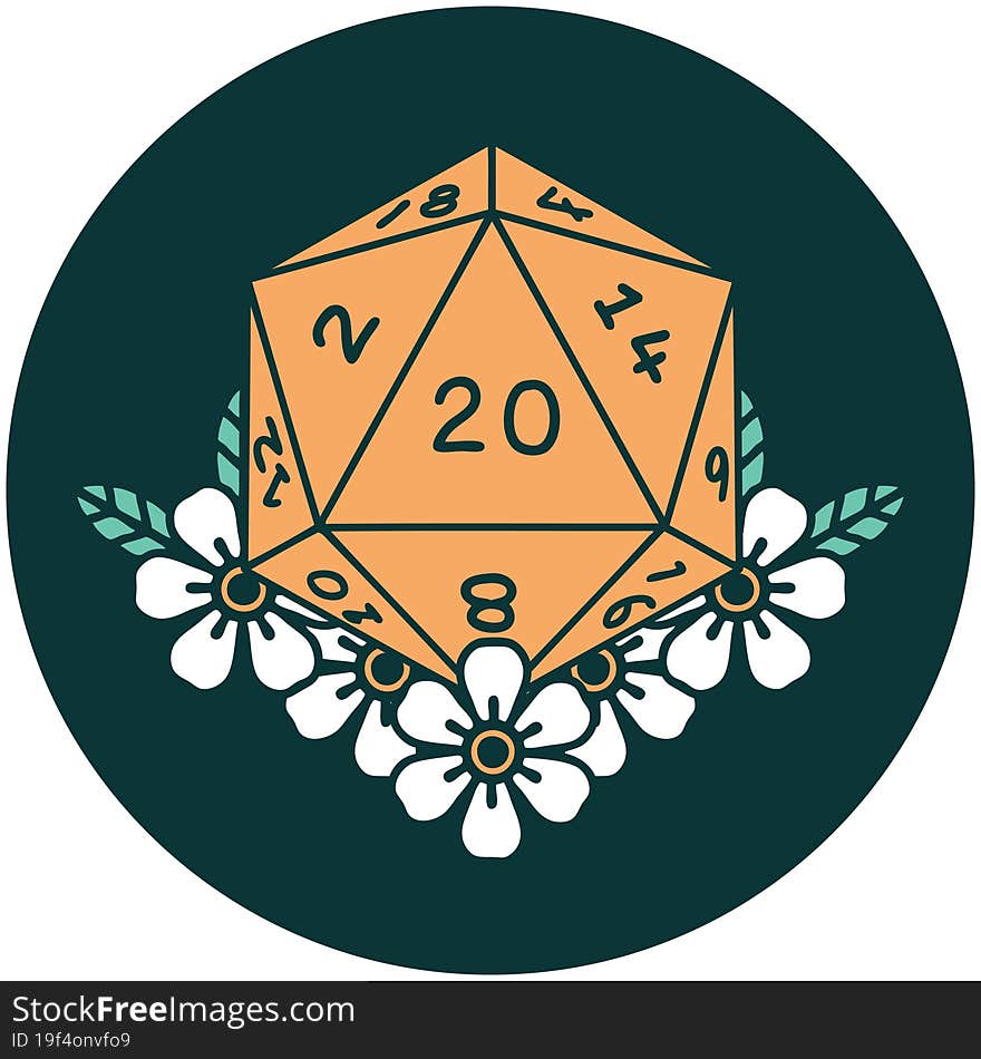 natural 20 D20 dice roll with floral elements icon